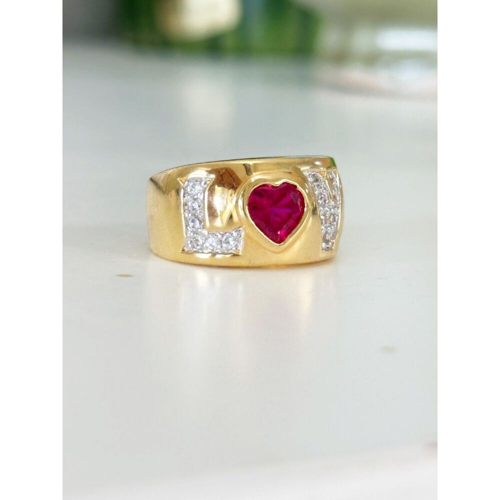 Love Ring Wide Gold Tone Band Ruby Red Rhinestone and clear crystals